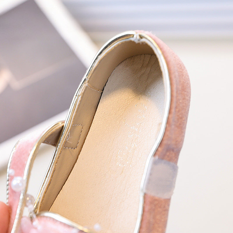 Kız Çocuk Çiçek İnci Prenses Ayakkabı Çocuk Kadife Deri Ayakkabı