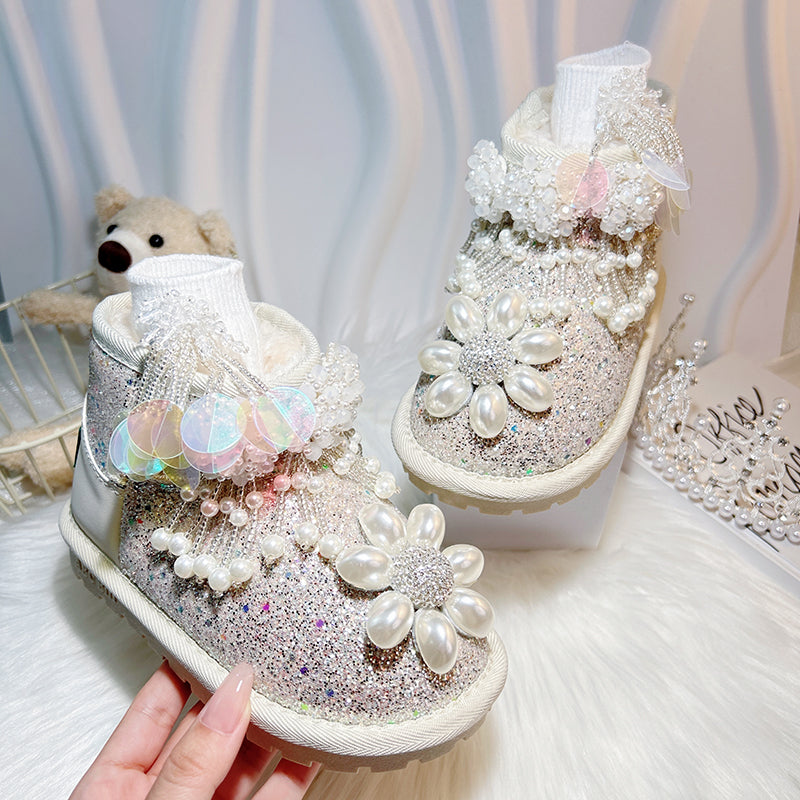 Kız Çocuk Gümüş Kadife Kalınlaştırılmış Bot Çocuk Kışlık Pamuk Ayakkabı