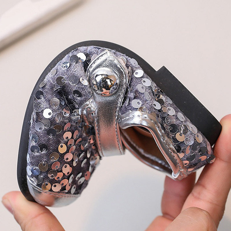 Kız Çocuk Payetli Deri Ayakkabı Sığ Ağız Düz Prenses Ayakkabıları