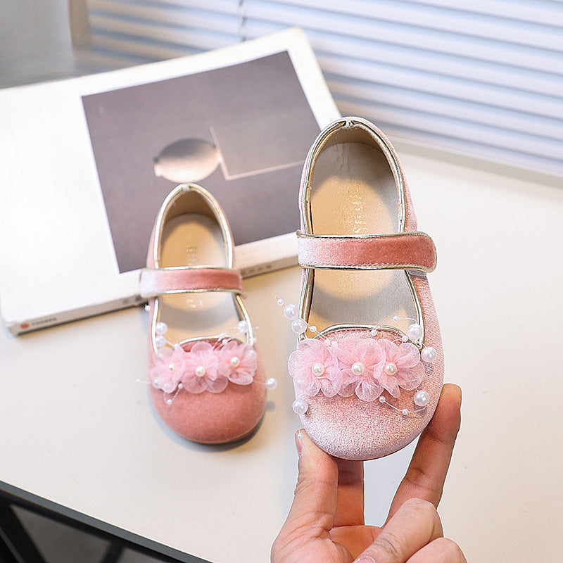 Kız Çocuk Çiçek İnci Prenses Ayakkabı Çocuk Kadife Deri Ayakkabı