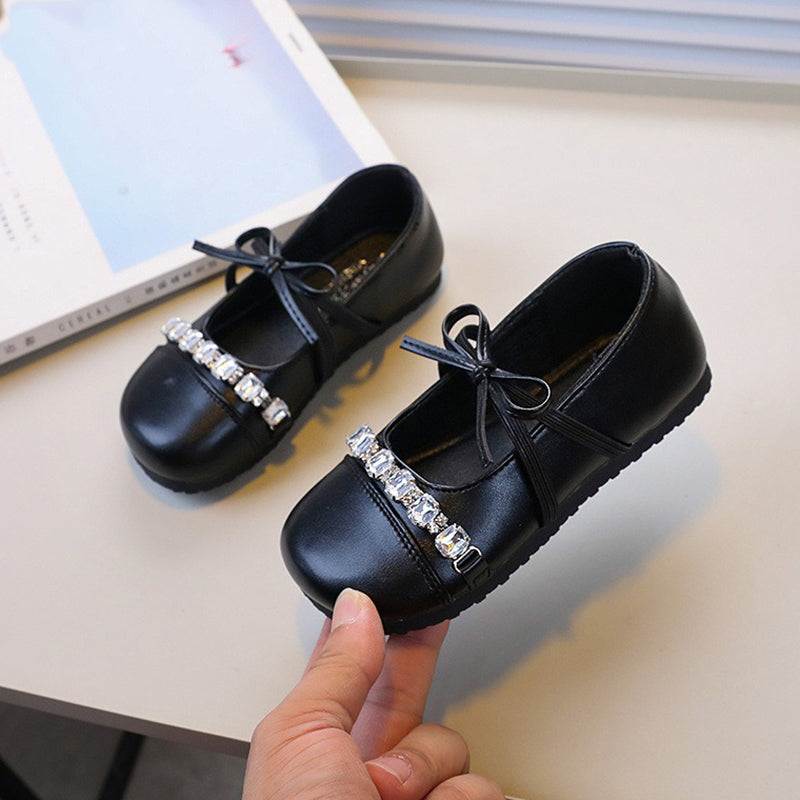 Fiyonklu Rhinestone Prenses Ayakkabı Yumuşak Taban Deri Ayakkabı