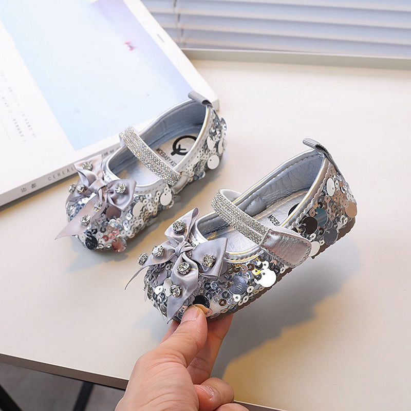 Fiyonklu Rhinestone Prenses Ayakkabı Payetli Deri Ayakkabı