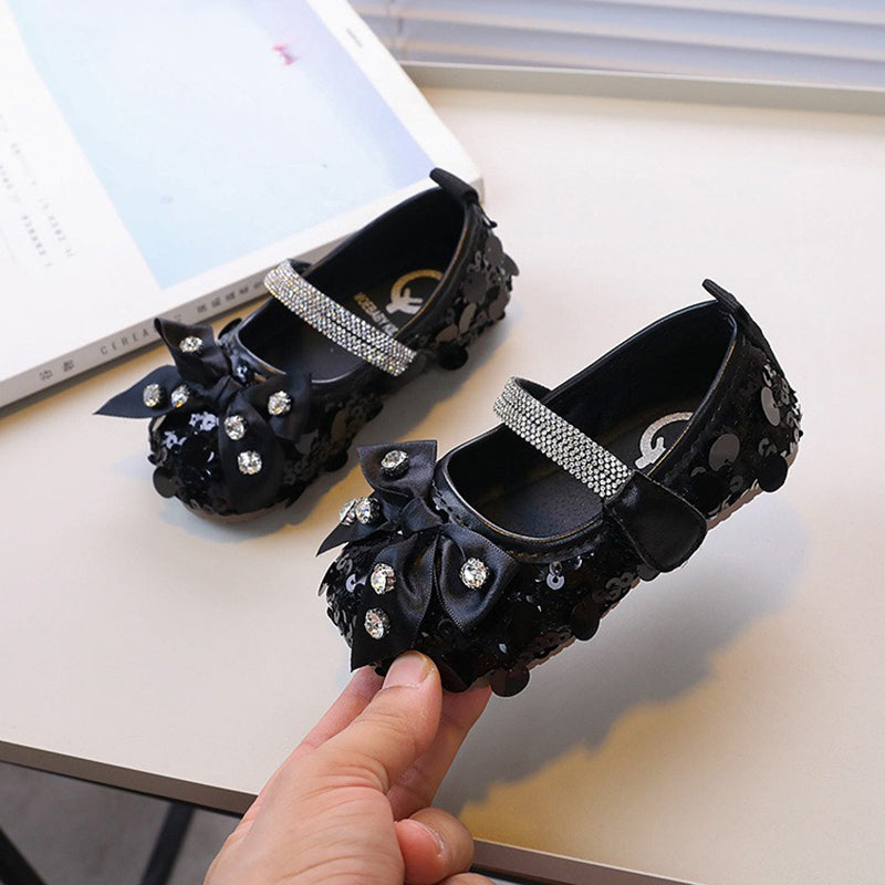 Fiyonklu Rhinestone Prenses Ayakkabı Payetli Deri Ayakkabı