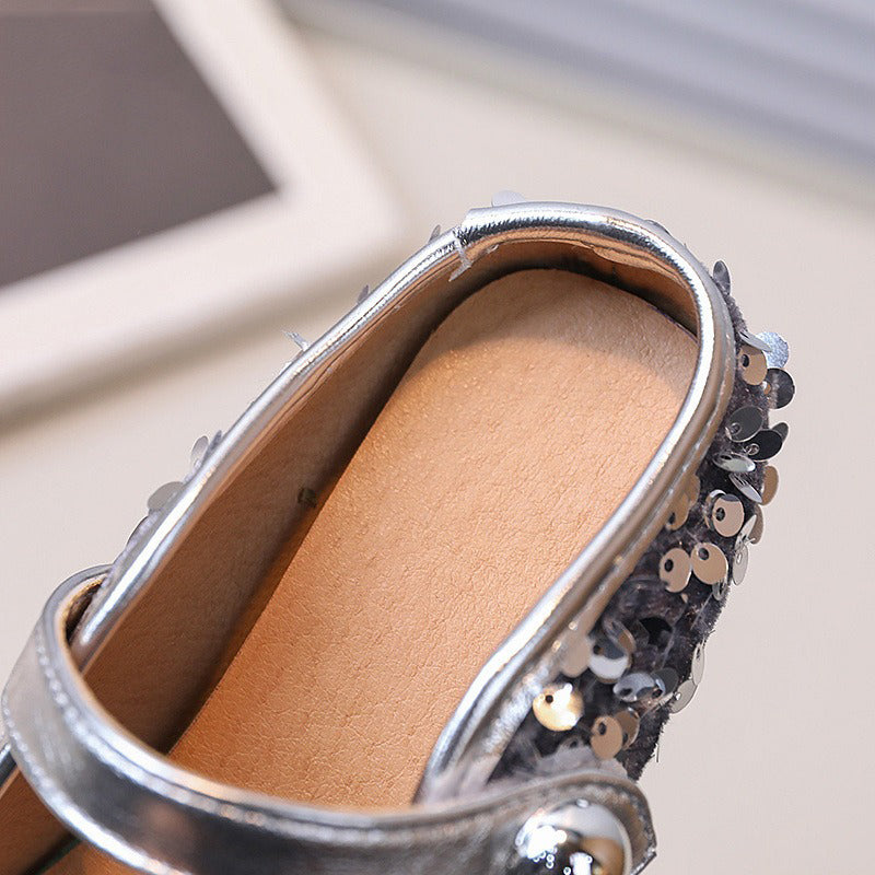 Kız Çocuk Payetli Deri Ayakkabı Sığ Ağız Düz Prenses Ayakkabıları