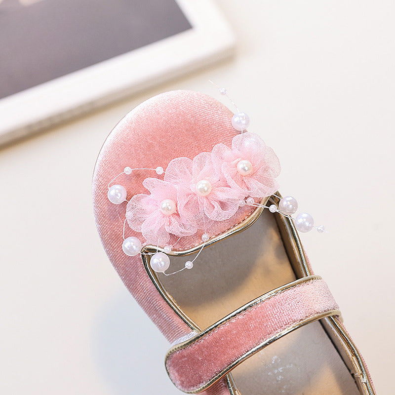 Kız Çocuk Çiçek İnci Prenses Ayakkabı Çocuk Kadife Deri Ayakkabı