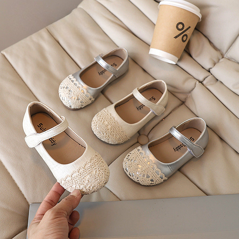 Kız Prenses Ayakkabı Çocuk Gümüş Yumuşak Taban Deri Ayakkabı