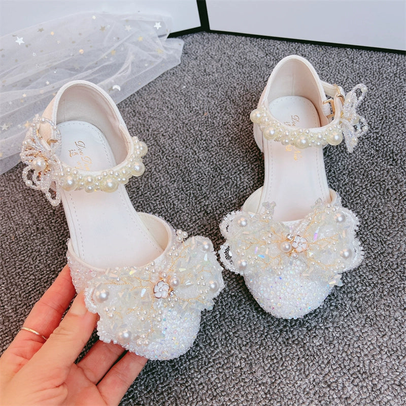 Kız Çocuk Kristal Beyaz Yüksek Topuklu Prenses Ayakkabıları