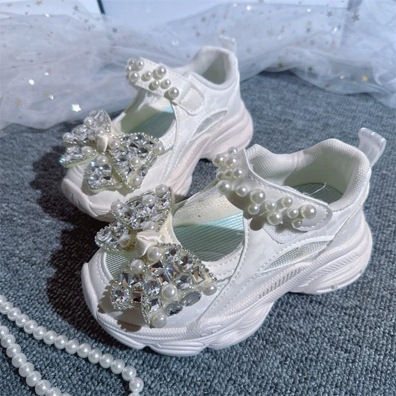 Kız Çocuk Örgü Hollow Spor Ayakkabı İnci Fiyonk Pembe Ayakkabı