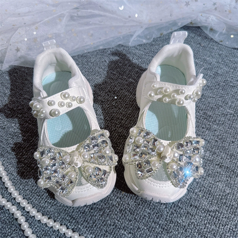 Kız Çocuk Örgü Hollow Spor Ayakkabı İnci Fiyonk Pembe Ayakkabı