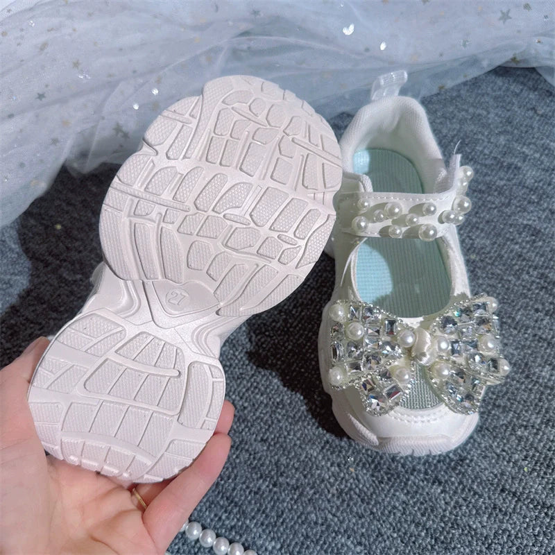 Kız Çocuk Örgü Hollow Spor Ayakkabı İnci Fiyonk Pembe Ayakkabı