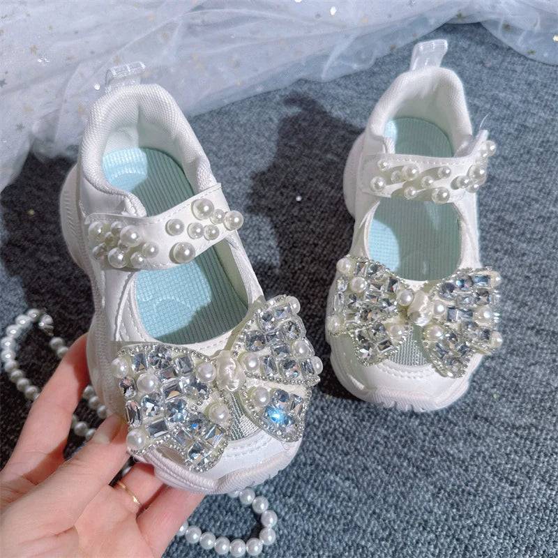 Kız Çocuk Örgü Hollow Spor Ayakkabı İnci Fiyonk Pembe Ayakkabı