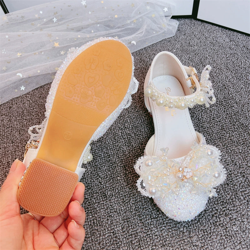 Kız Çocuk Kristal Beyaz Yüksek Topuklu Prenses Ayakkabıları