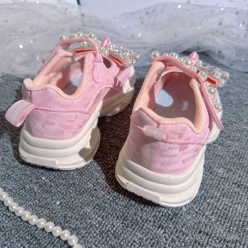 Kız Çocuk Örgü Hollow Spor Ayakkabı İnci Fiyonk Pembe Ayakkabı