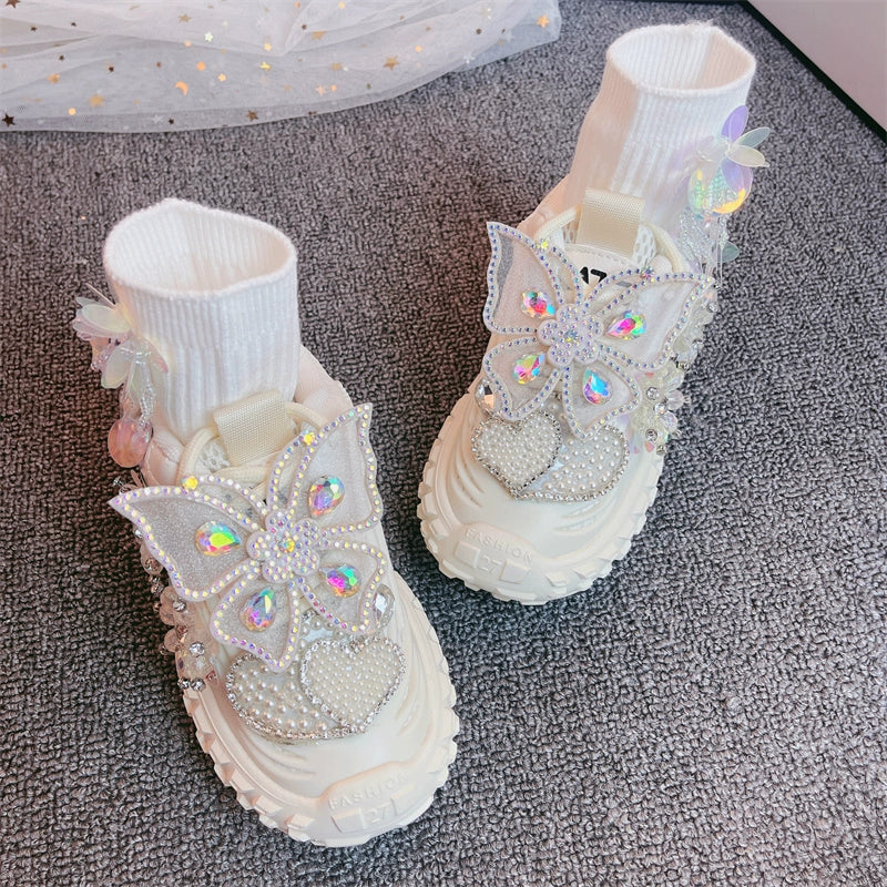 Lüks Kız Fiyonk Boncuklu Spor Ayakkabı Günlük Çocuk Prenses Ayakkabıları