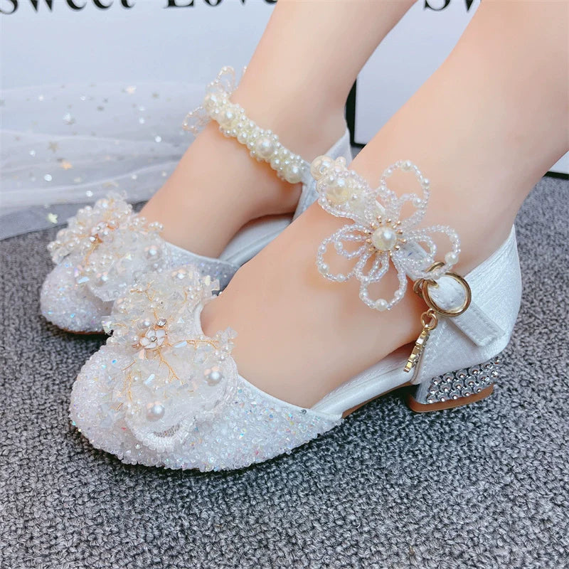 Kız Çocuk Kristal Beyaz Yüksek Topuklu Prenses Ayakkabıları