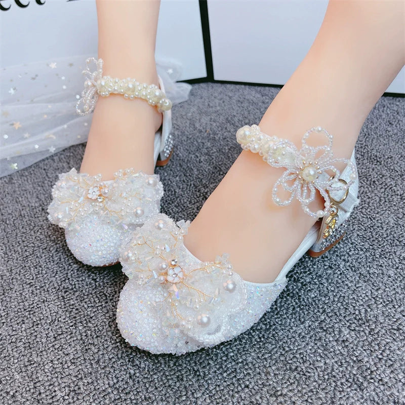 Kız Çocuk Kristal Beyaz Yüksek Topuklu Prenses Ayakkabıları