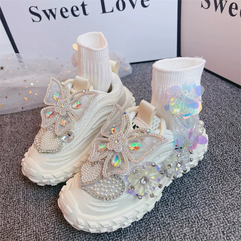 Lüks Kız Fiyonk Boncuklu Spor Ayakkabı Günlük Çocuk Prenses Ayakkabıları