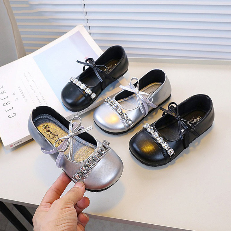 Fiyonklu Rhinestone Prenses Ayakkabı Yumuşak Taban Deri Ayakkabı