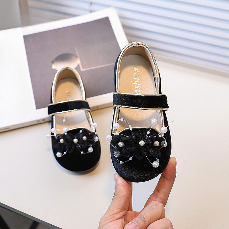 Kız Çocuk Çiçek İnci Prenses Ayakkabı Çocuk Kadife Deri Ayakkabı