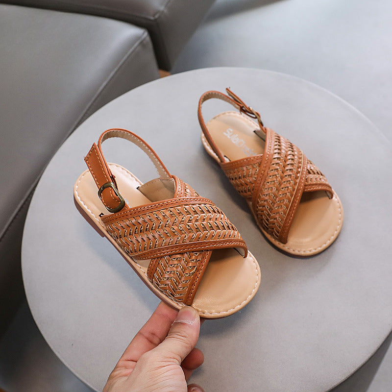 Kızlar Çapraz Örgülü Prenses Ayakkabı Yaz Çocuk Yumuşak Taban Günlük Ayakkabı