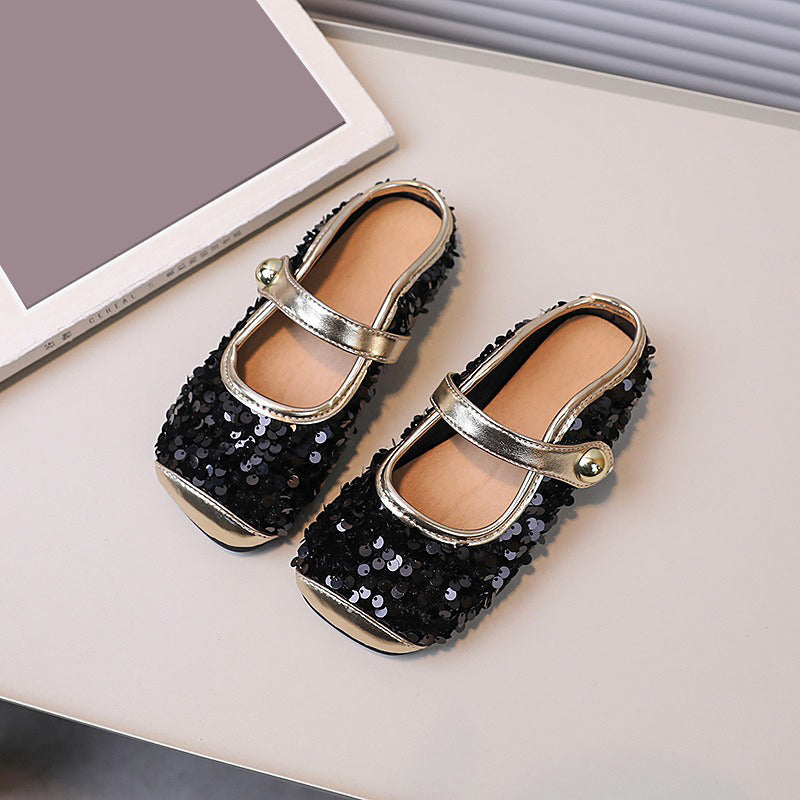 Kız Çocuk Payetli Deri Ayakkabı Sığ Ağız Düz Prenses Ayakkabıları