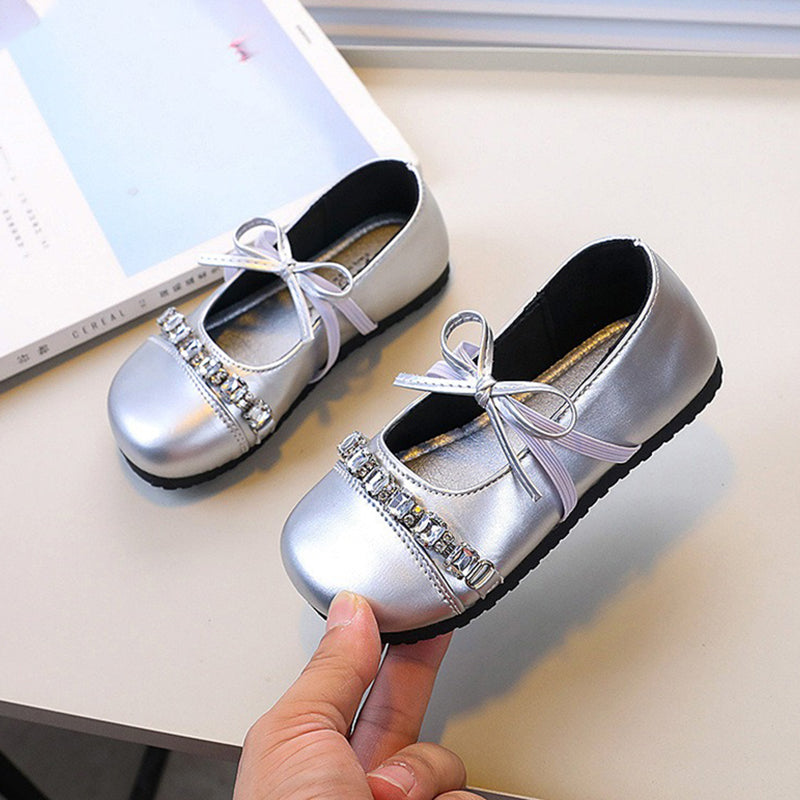 Fiyonklu Rhinestone Prenses Ayakkabı Yumuşak Taban Deri Ayakkabı