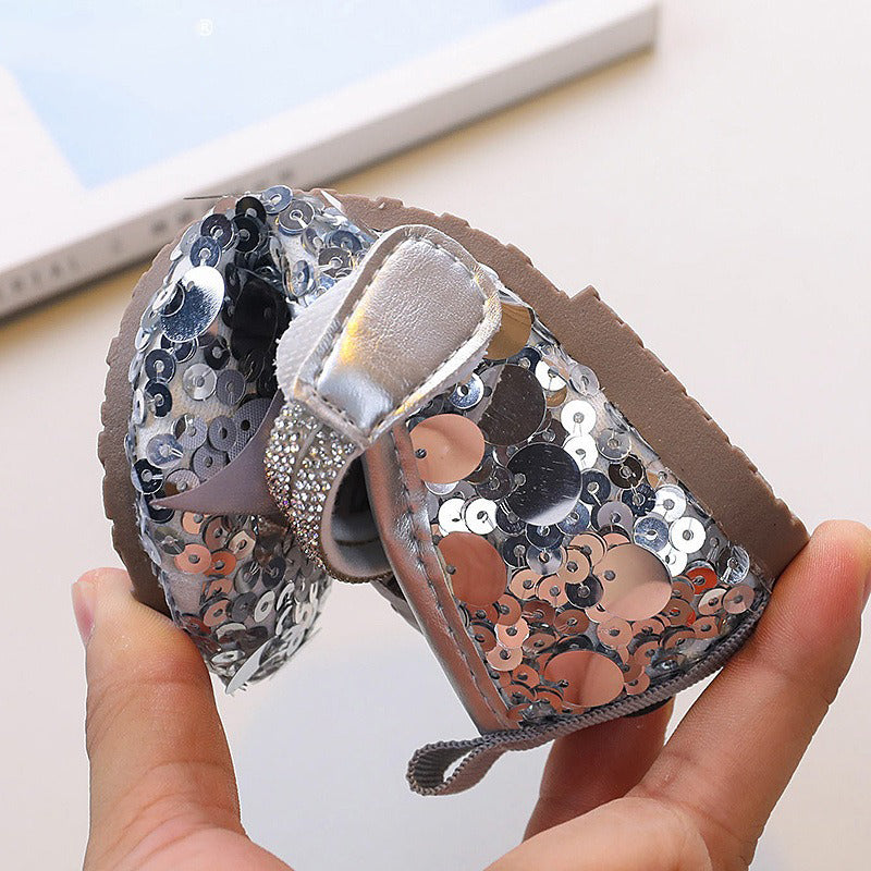 Fiyonklu Rhinestone Prenses Ayakkabı Payetli Deri Ayakkabı