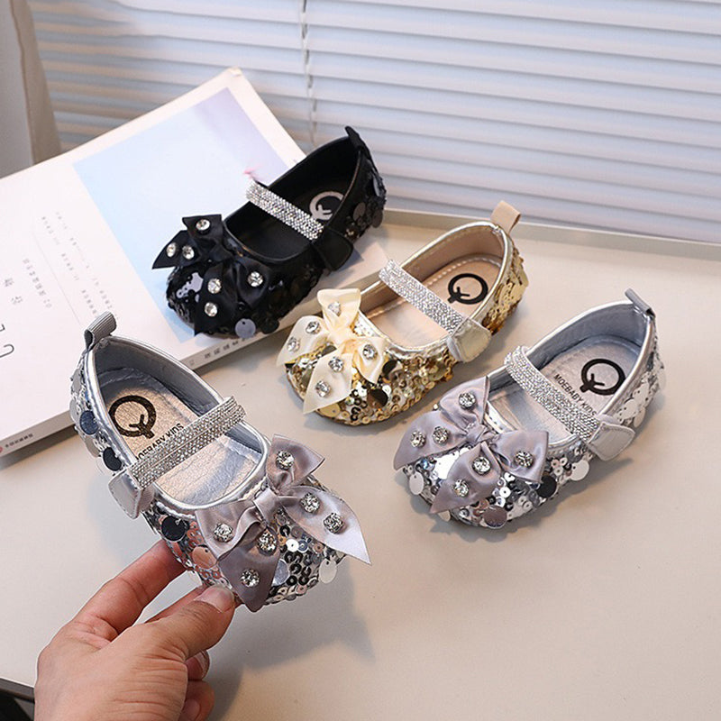 Fiyonklu Rhinestone Prenses Ayakkabı Payetli Deri Ayakkabı