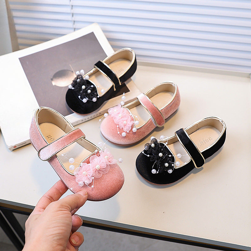 Kız Çocuk Çiçek İnci Prenses Ayakkabı Çocuk Kadife Deri Ayakkabı