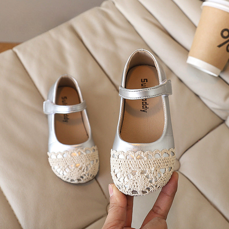 Kız Prenses Ayakkabı Çocuk Gümüş Yumuşak Taban Deri Ayakkabı