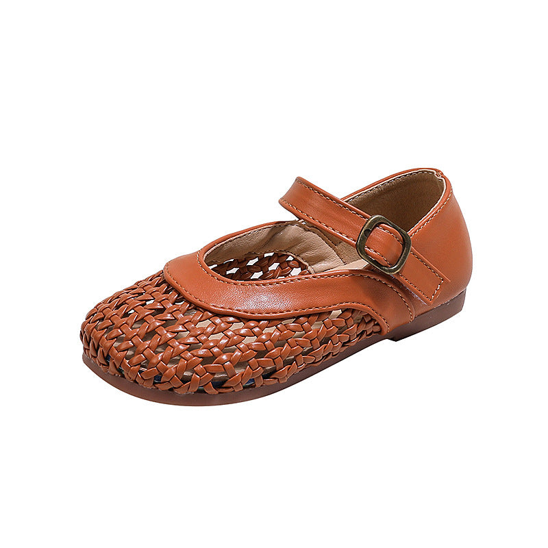 Kız Çocuk Örgülü Deri Ayakkabı Yazlık İçi Boş Sandalet